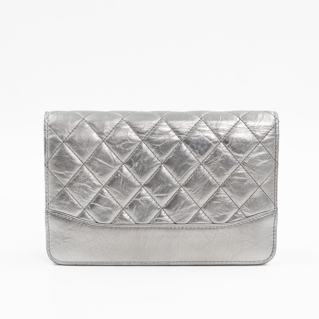 Chanel Metallic Silver Quilted Aged Calfskin Gabrielle Wallet on Chain Ruthenium Hardware
