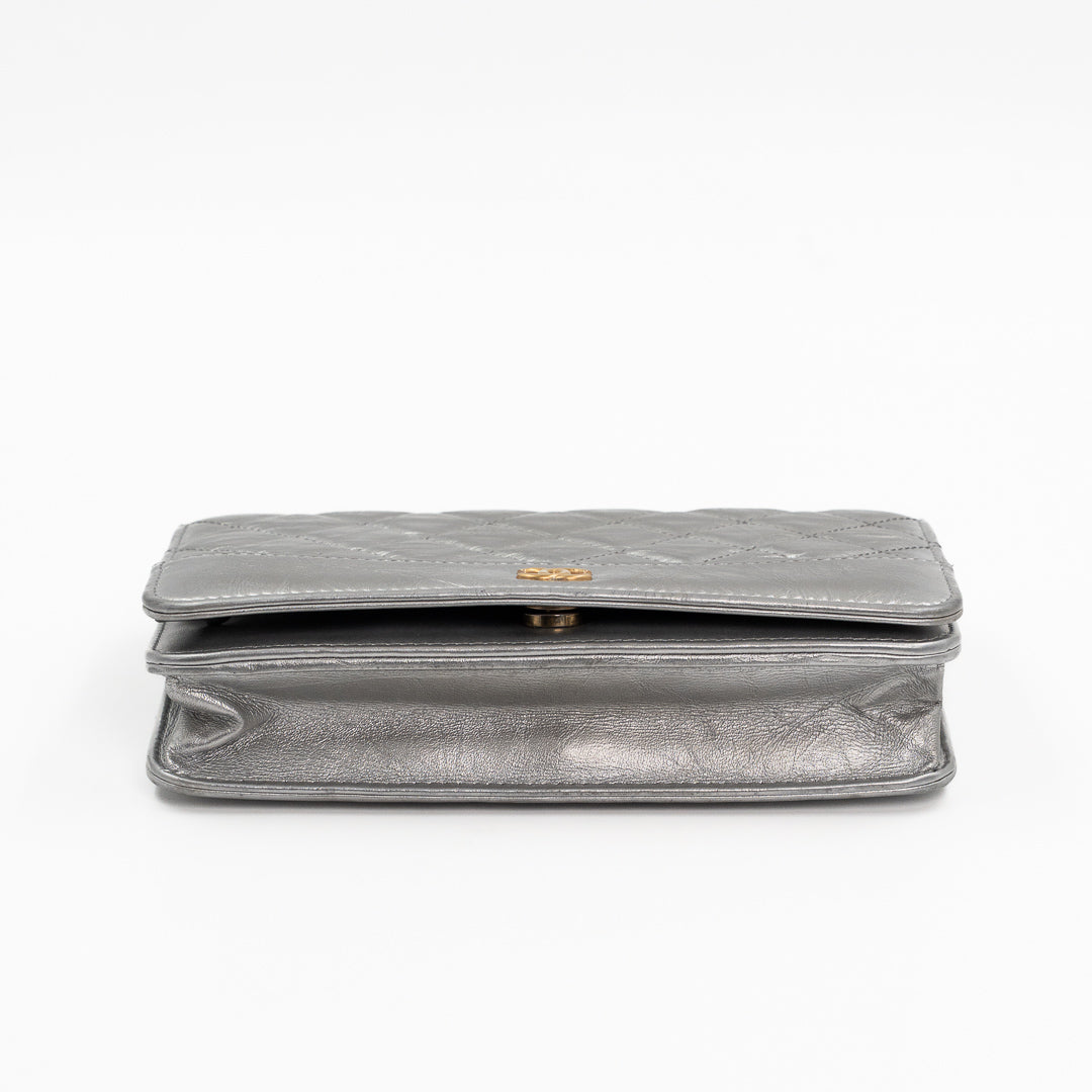 Chanel Metallic Silver Quilted Aged Calfskin Gabrielle Wallet on Chain Ruthenium Hardware