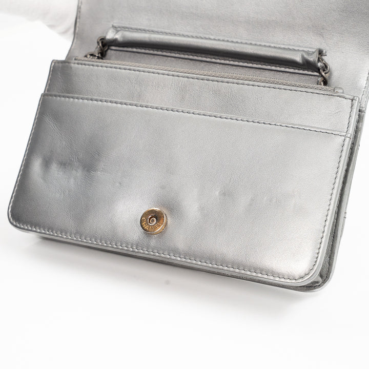 Chanel Metallic Silver Quilted Aged Calfskin Gabrielle Wallet on Chain Ruthenium Hardware