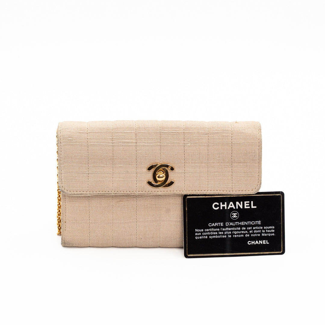 Chanel Vintage Mini Flap Bag in Beige Grosgrain Fabric with Gold Chain Strap