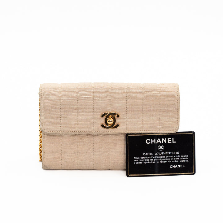 Chanel Vintage Mini Flap Bag in Beige Grosgrain Fabric with Gold Chain Strap