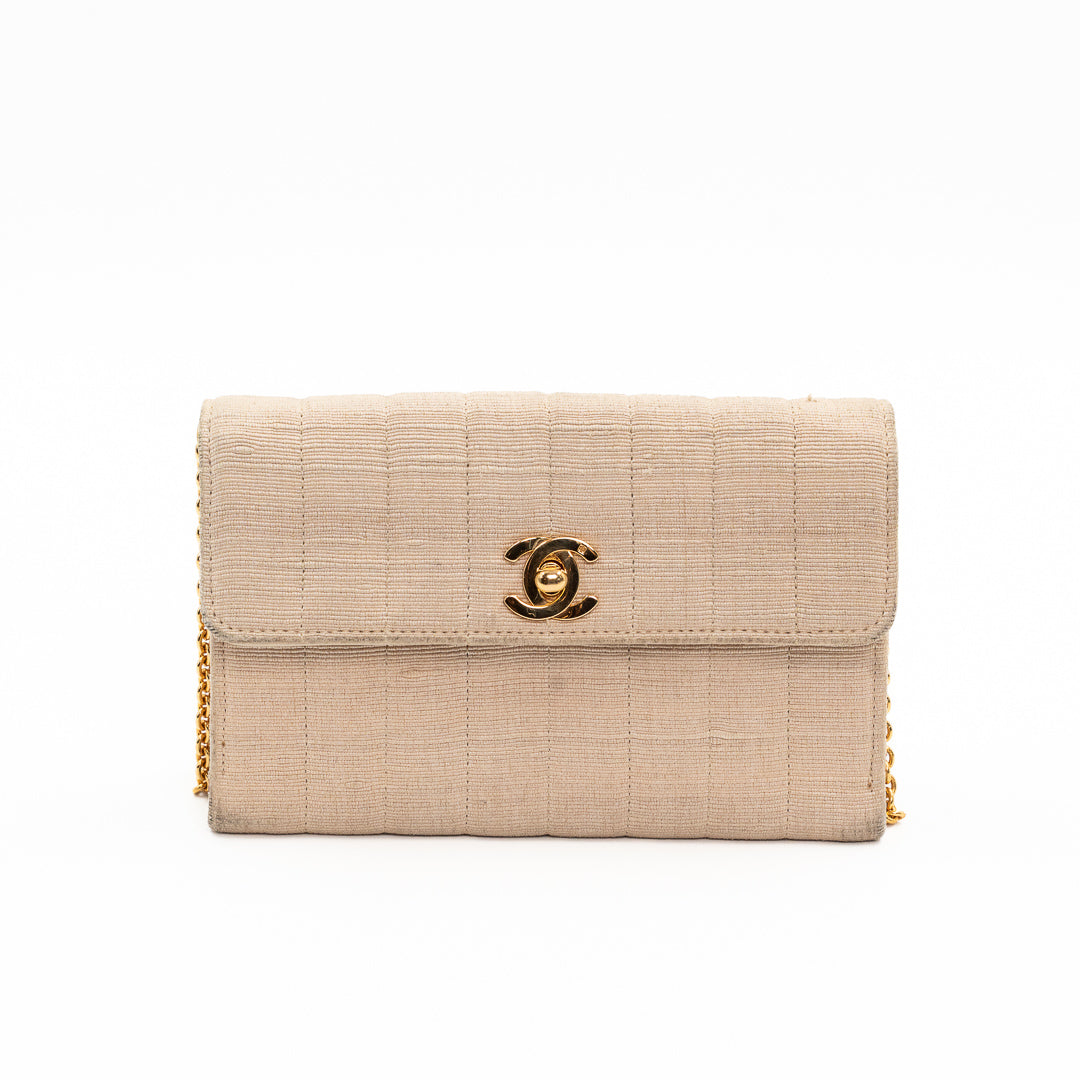 Chanel Vintage Mini Flap Bag in Beige Grosgrain Fabric with Gold Chain Strap