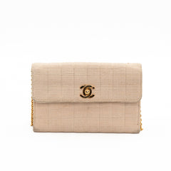 Chanel Vintage Mini Flap Bag in Beige Grosgrain Fabric with Gold Chain Strap