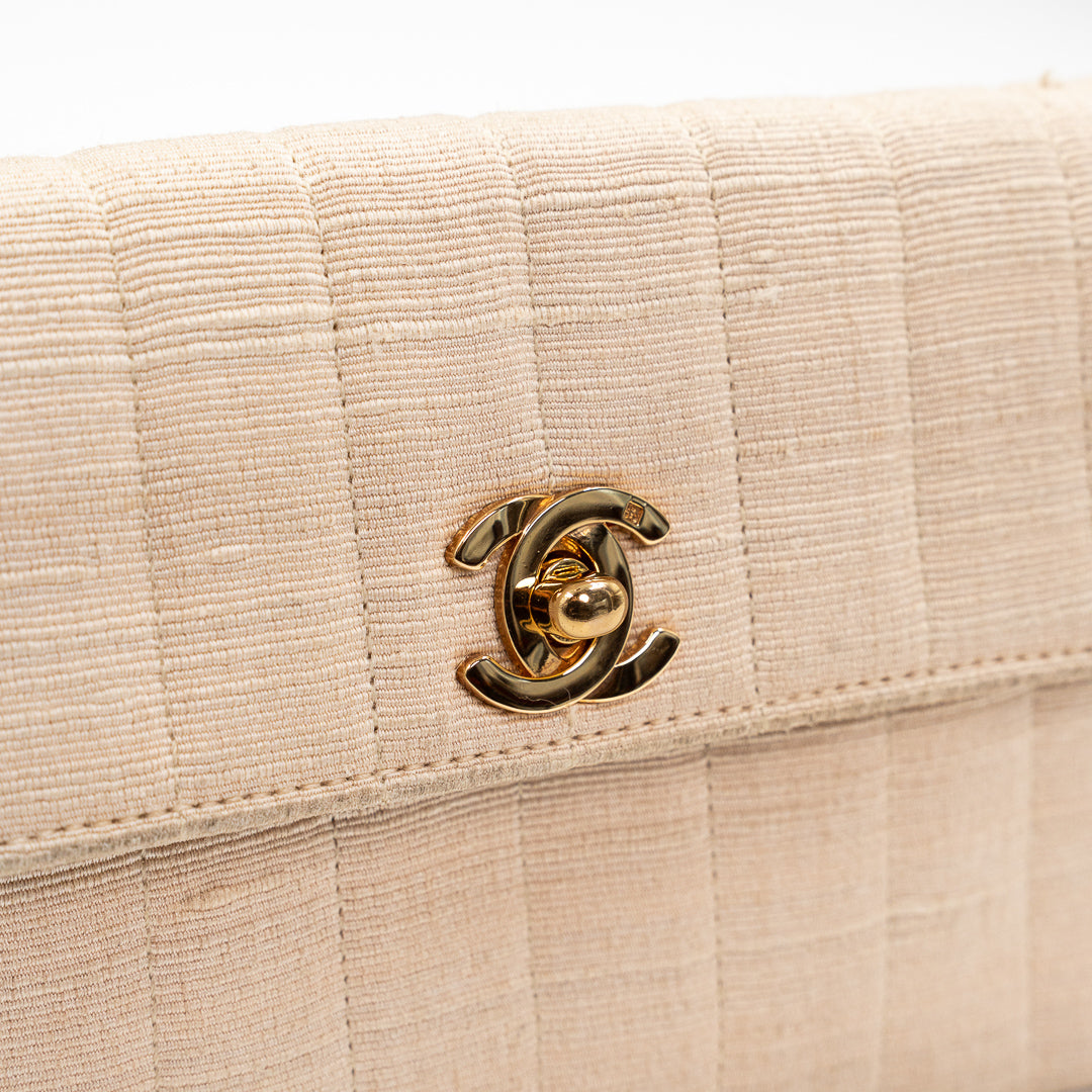 Chanel Vintage Mini Flap Bag in Beige Grosgrain Fabric with Gold Chain Strap