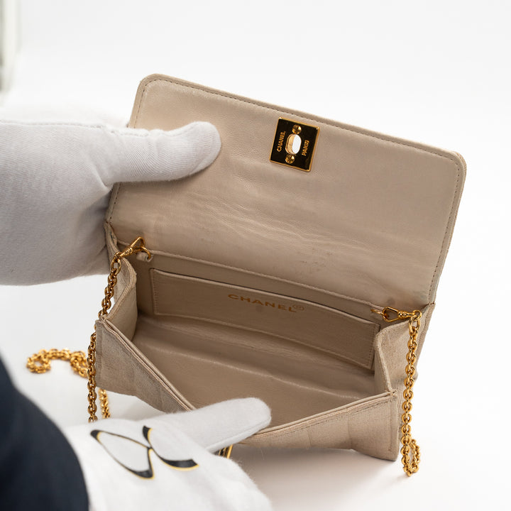 Chanel Vintage Mini Flap Bag in Beige Grosgrain Fabric with Gold Chain Strap