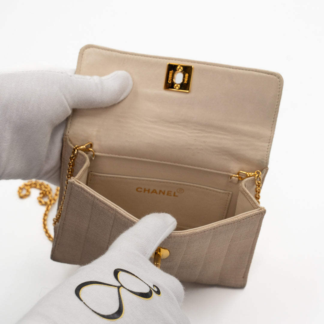 Chanel Vintage Mini Flap Bag in Beige Grosgrain Fabric with Gold Chain Strap