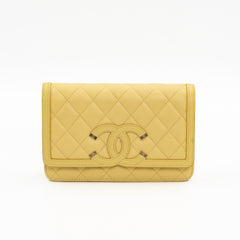 Chanel CC Filigree Wallet on Chain (WOC) in Yellow Quilted Caviar Leather with Gold Hardware