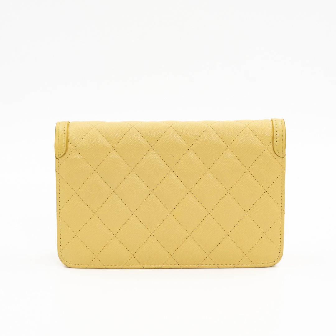 Chanel CC Filigree Wallet on Chain (WOC) in Yellow Quilted Caviar Leather with Gold Hardware