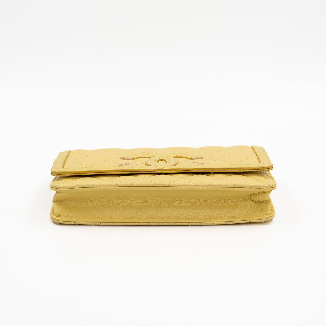 Chanel CC Filigree Wallet on Chain (WOC) in Yellow Quilted Caviar Leather with Gold Hardware
