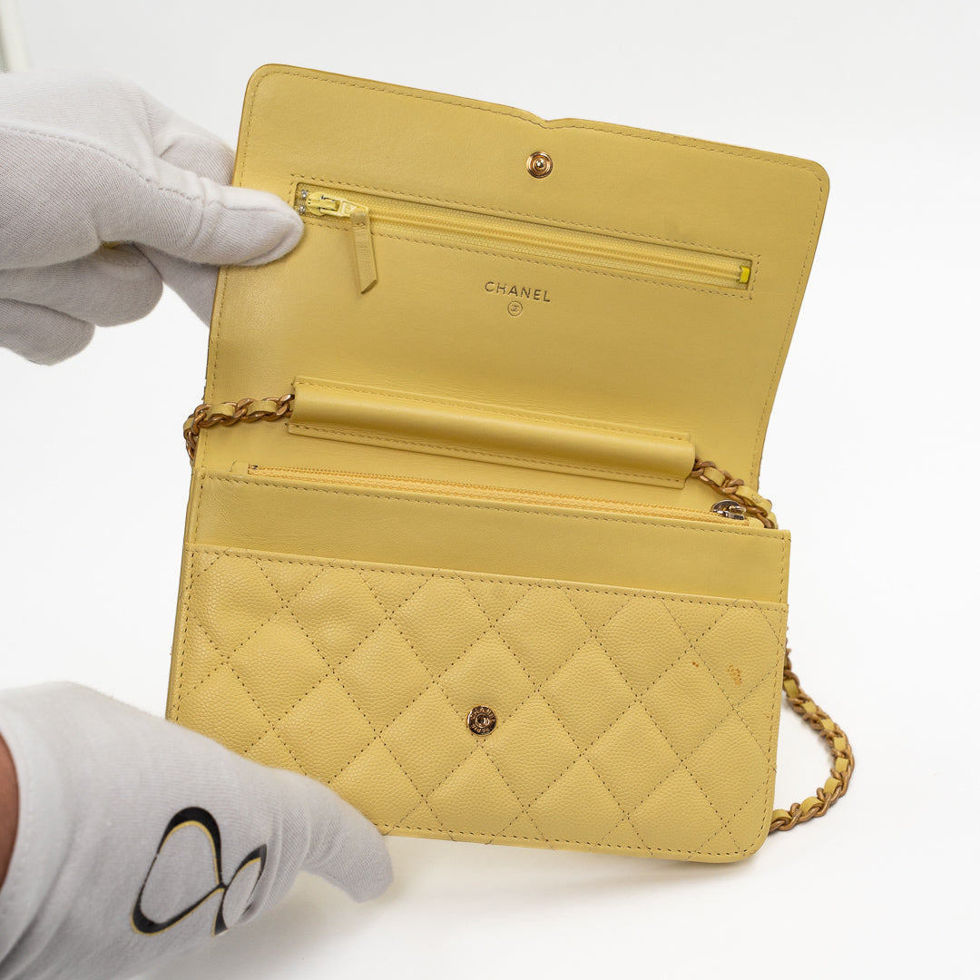 Chanel CC Filigree Wallet on Chain (WOC) in Yellow Quilted Caviar Leather with Gold Hardware