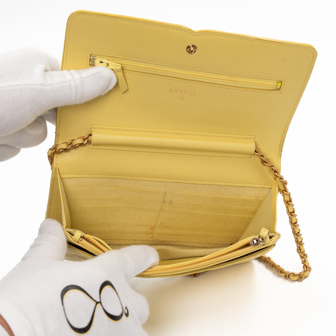 Chanel CC Filigree Wallet on Chain (WOC) in Yellow Quilted Caviar Leather with Gold Hardware