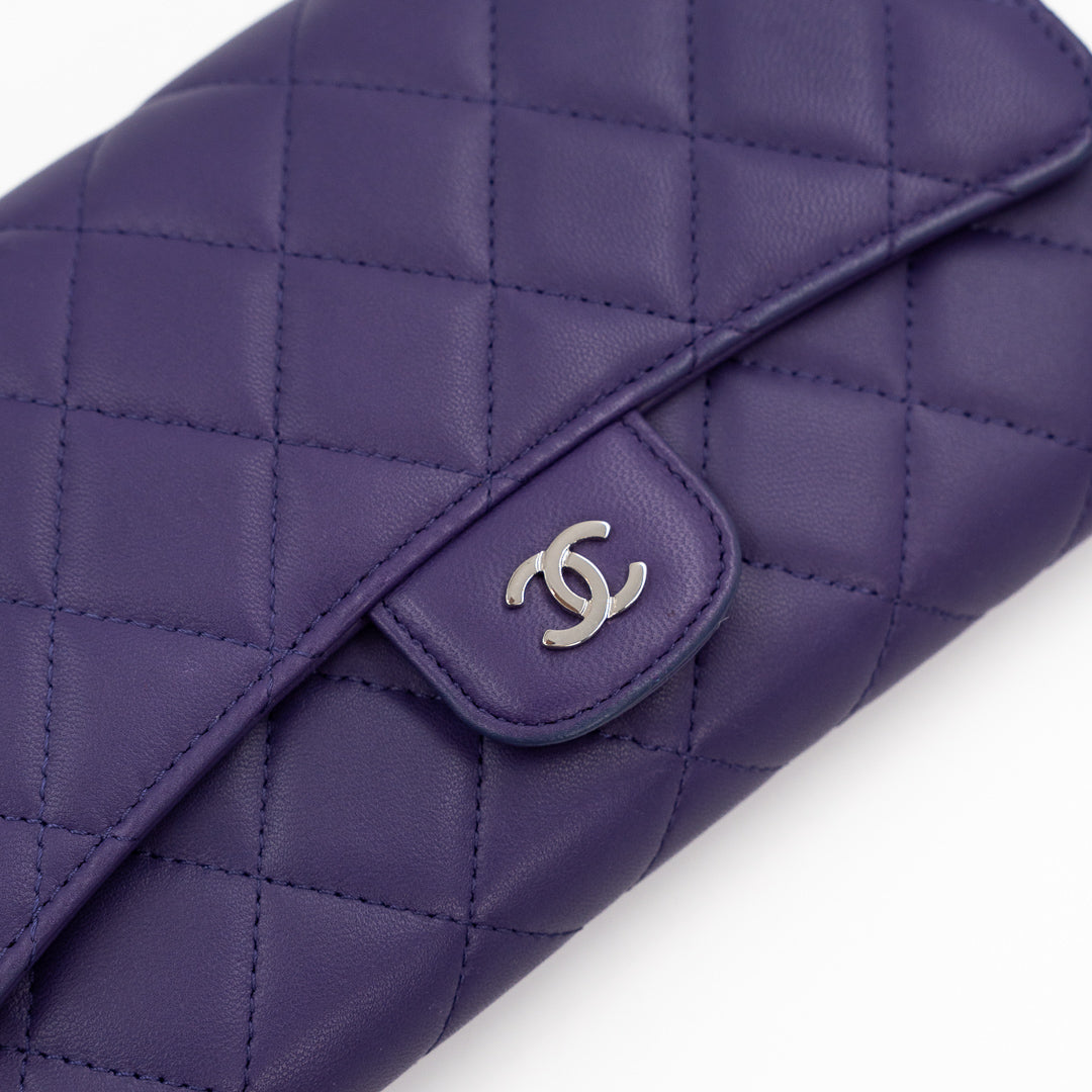 Chanel Classic Long Flap Wallet with Removable Card Holder in Purple Quilted Lambskin Leather