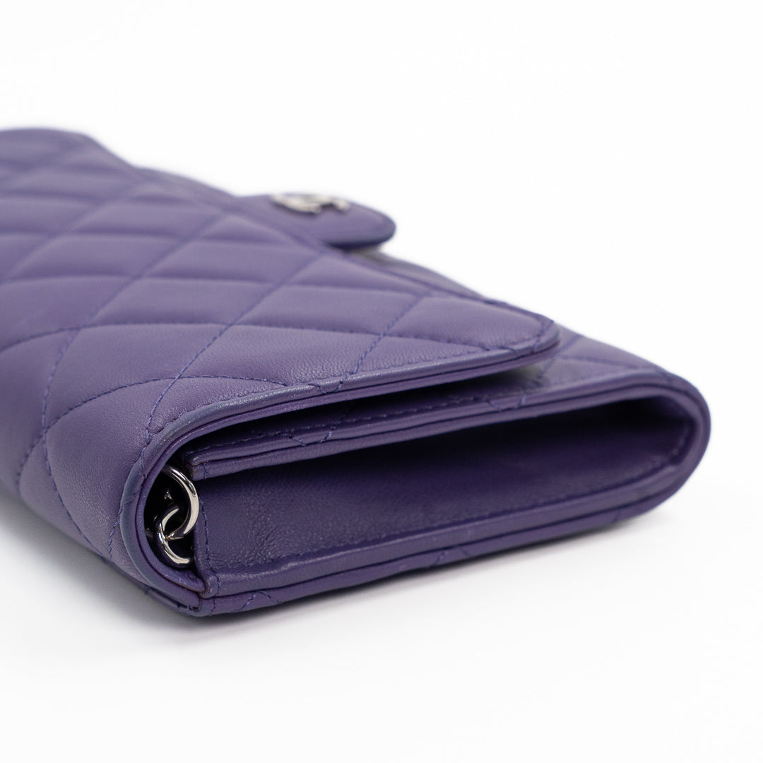 Chanel Classic Long Flap Wallet with Removable Card Holder in Purple Quilted Lambskin Leather
