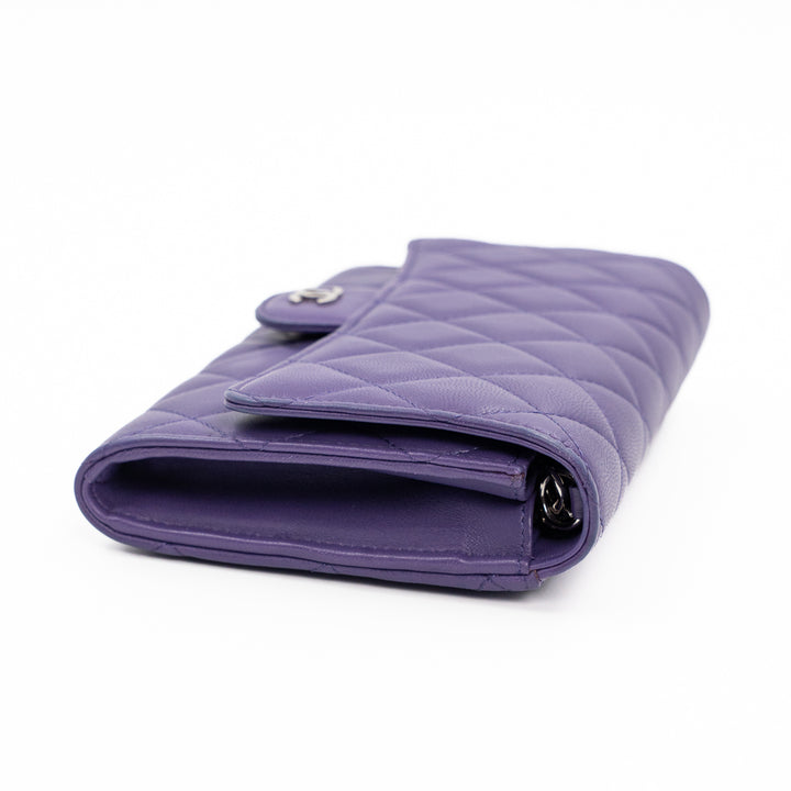 Chanel Classic Long Flap Wallet with Removable Card Holder in Purple Quilted Lambskin Leather