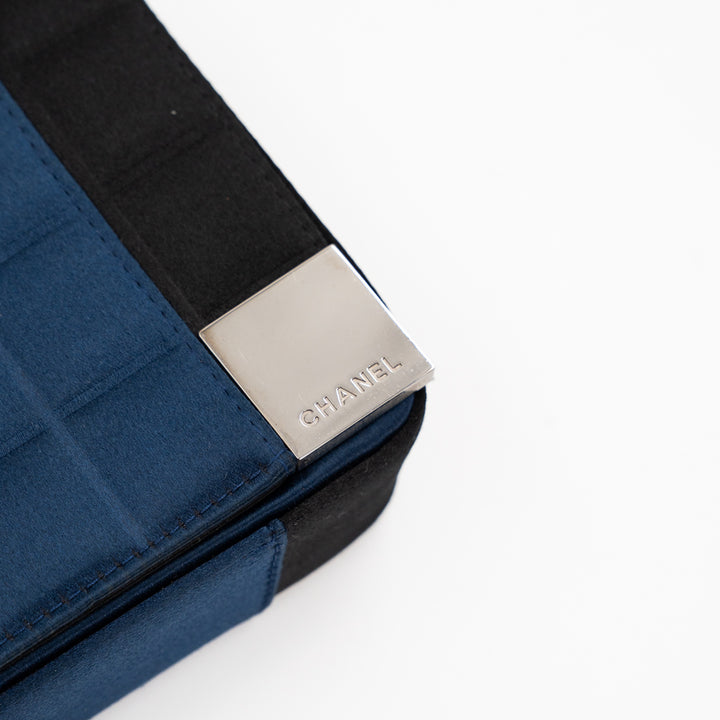 Chanel Vintage Chocolate Bar Bag in Navy Blue Quilted Satin with Silver Hardware