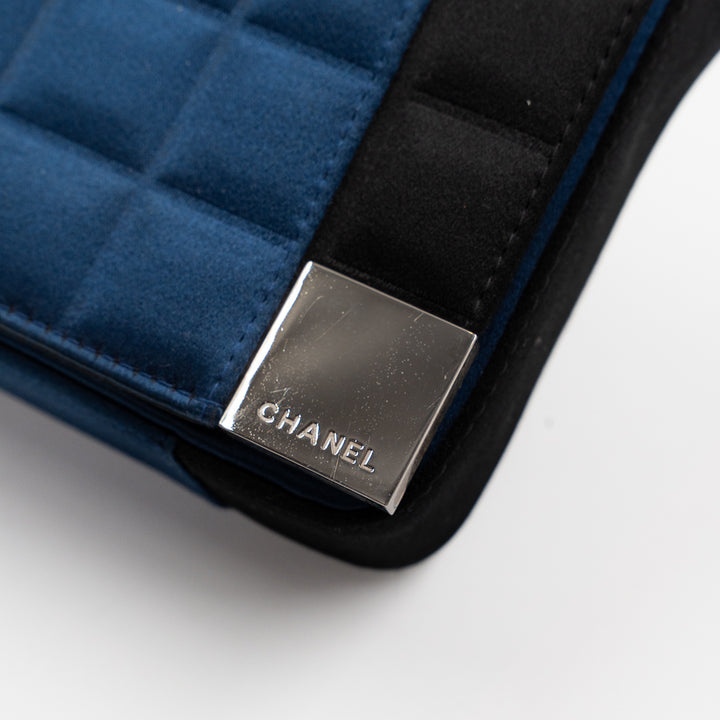 Chanel Vintage Chocolate Bar Bag in Navy Blue Quilted Satin with Silver Hardware