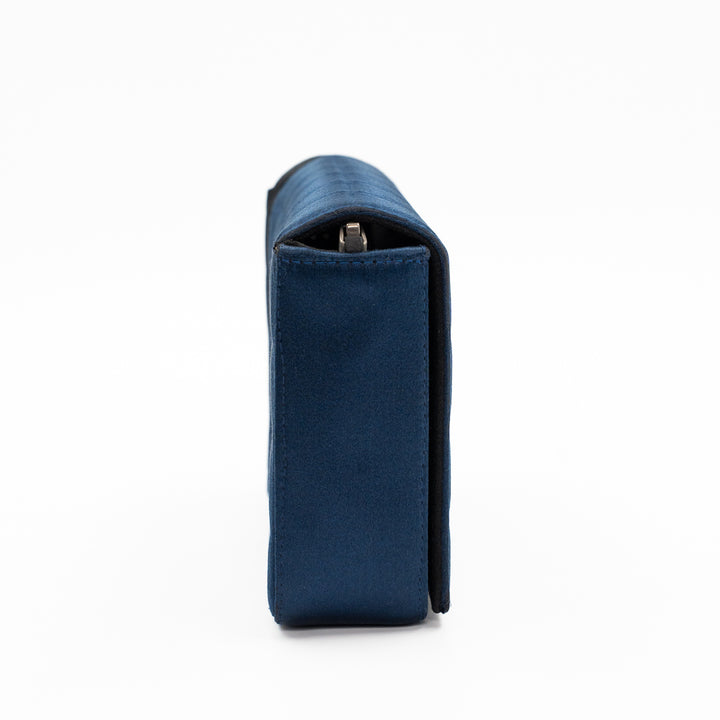 Chanel Vintage Chocolate Bar Bag in Navy Blue Quilted Satin with Silver Hardware