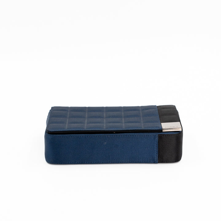 Chanel Vintage Chocolate Bar Bag in Navy Blue Quilted Satin with Silver Hardware