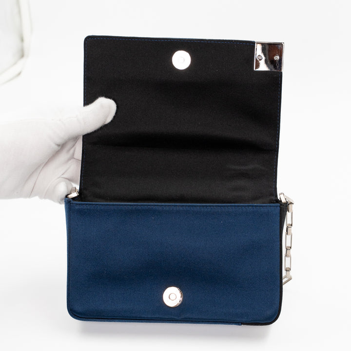 Chanel Vintage Chocolate Bar Bag in Navy Blue Quilted Satin with Silver Hardware