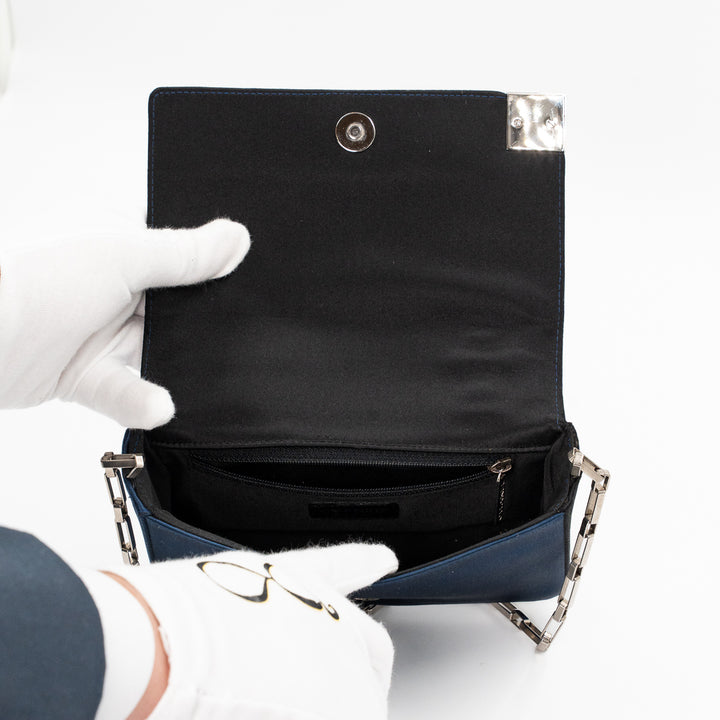 Chanel Vintage Chocolate Bar Bag in Navy Blue Quilted Satin with Silver Hardware