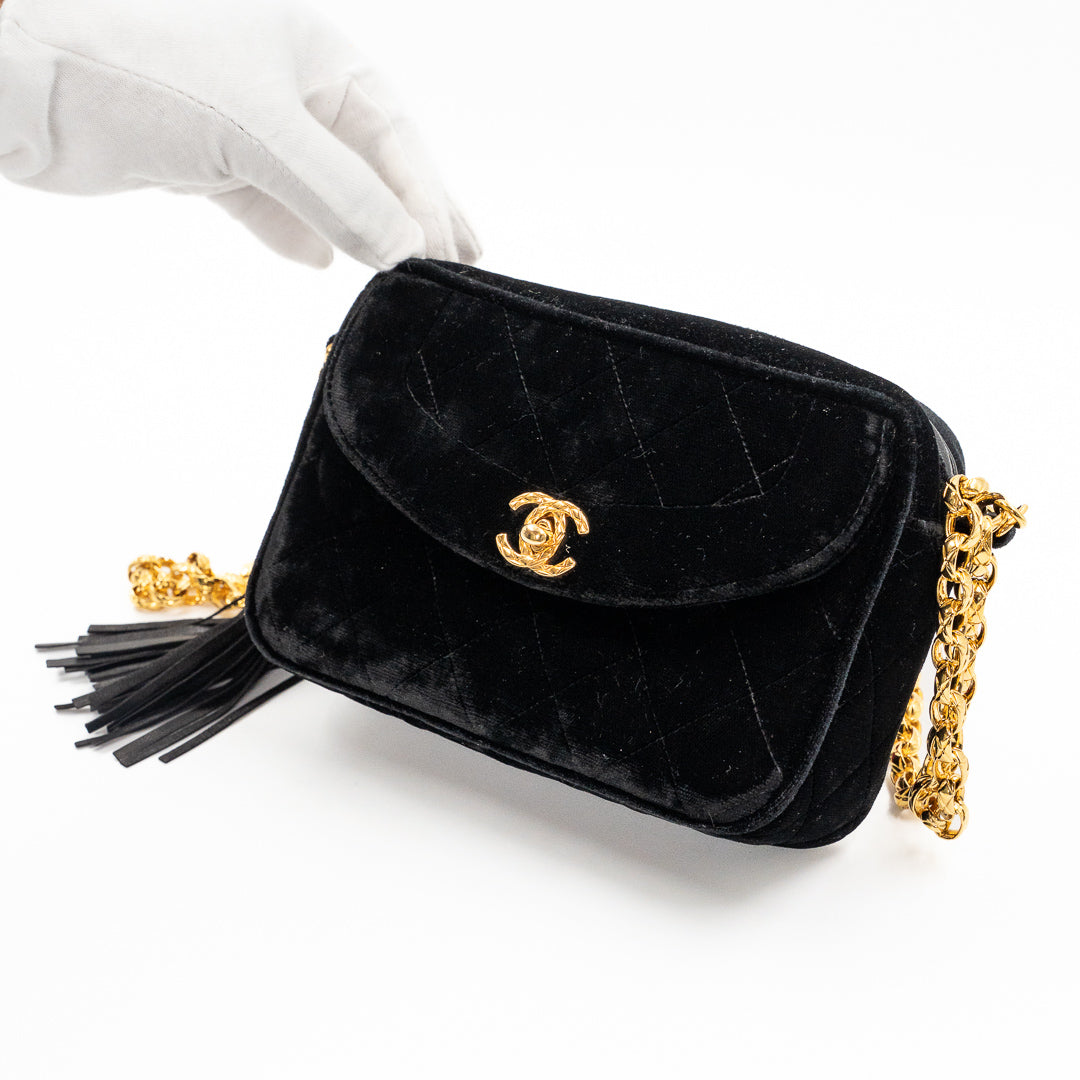 Chanel Vintage Quilted Flap Bag in Black Velvet with Gold-Tone Hardware