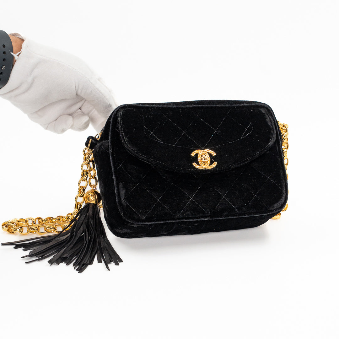 Chanel Vintage Quilted Flap Bag in Black Velvet with Gold-Tone Hardware