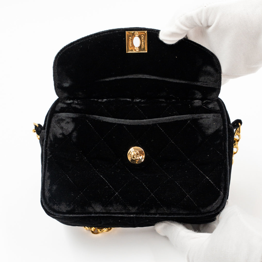 Chanel Vintage Quilted Flap Bag in Black Velvet with Gold-Tone Hardware