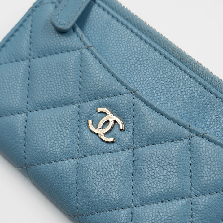 Chanel CC Zip Around Card Holder in Light Blue Quilted Caviar Leather with Gold Hardware