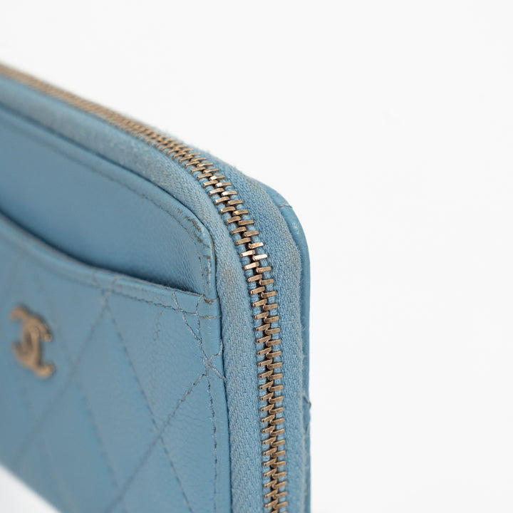 Chanel CC Zip Around Card Holder in Light Blue Quilted Caviar Leather with Gold Hardware