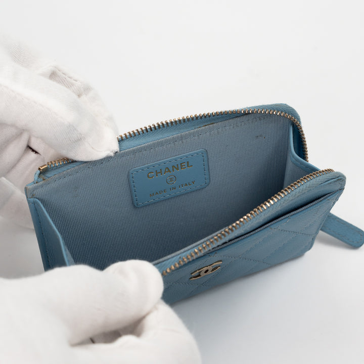 Chanel CC Zip Around Card Holder in Light Blue Quilted Caviar Leather with Gold Hardware