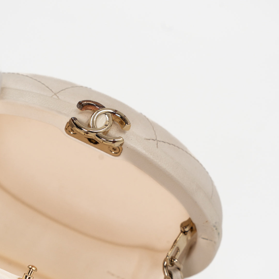 Chanel Mini Bag Charm in Cream Quilted Lambskin Leather with Gold Tone Lettering