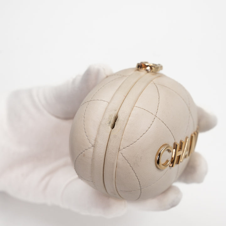 Chanel Mini Bag Charm in Cream Quilted Lambskin Leather with Gold Tone Lettering