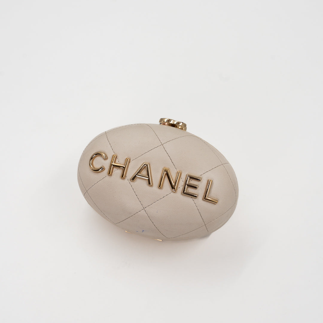 Chanel Mini Bag Charm in Cream Quilted Lambskin Leather with Gold Tone Lettering