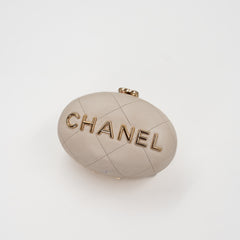 Chanel Mini Bag Charm in Cream Quilted Lambskin Leather with Gold Tone Lettering