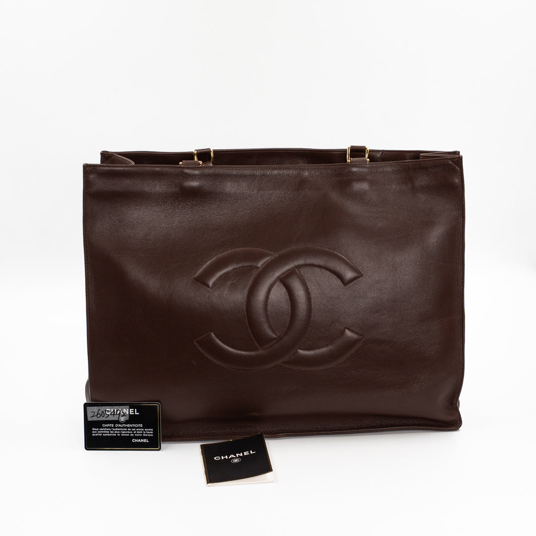 Chanel Vintage Large Timeless Shopping Tote in Brown Calfskin Leather with Gold Tone Chain Handles