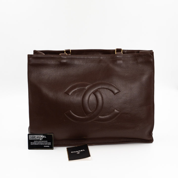 Chanel Vintage Large Timeless Shopping Tote in Brown Calfskin Leather with Gold Tone Chain Handles
