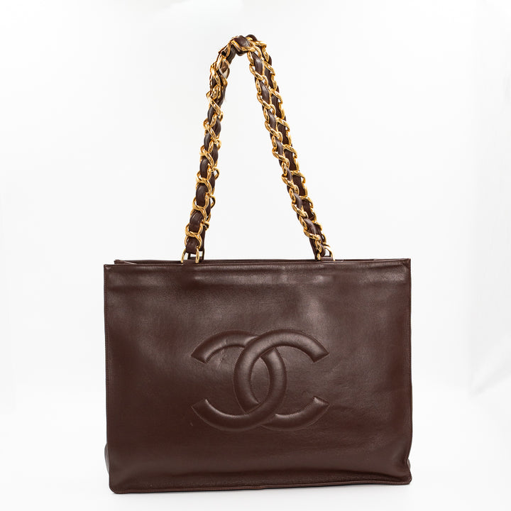 Chanel Vintage Large Timeless Shopping Tote in Brown Calfskin Leather with Gold Tone Chain Handles