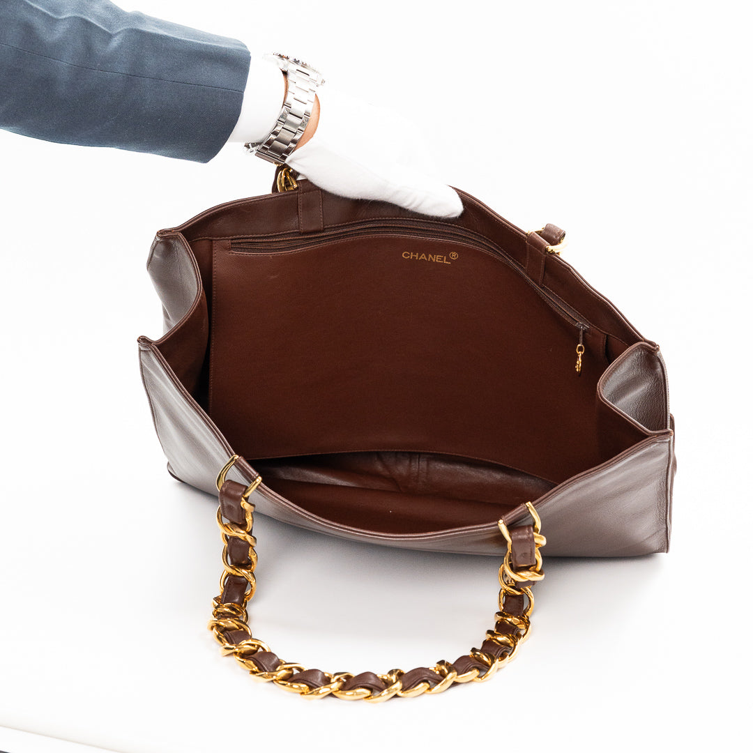 Chanel Vintage Large Timeless Shopping Tote in Brown Calfskin Leather with Gold Tone Chain Handles
