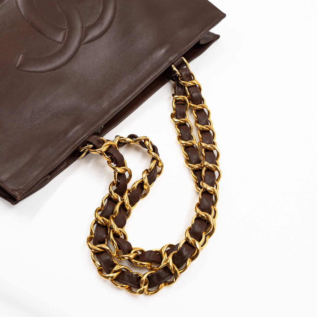 Chanel Vintage Large Timeless Shopping Tote in Brown Calfskin Leather with Gold Tone Chain Handles
