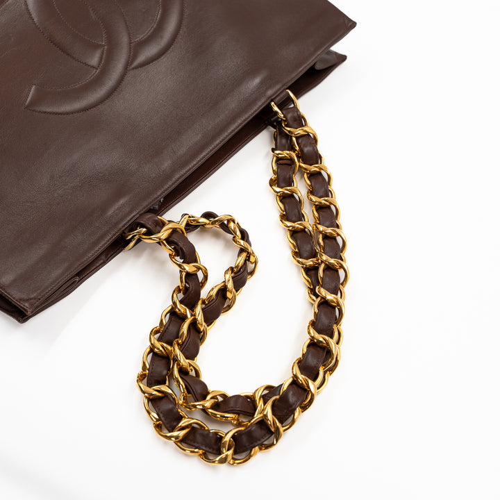 Chanel Vintage Large Timeless Shopping Tote in Brown Calfskin Leather with Gold Tone Chain Handles
