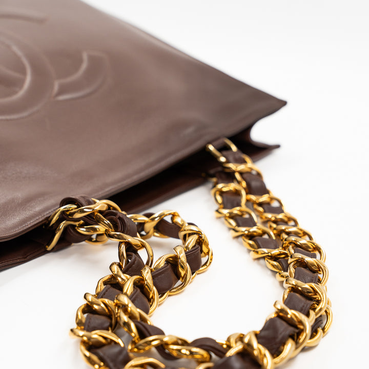 Chanel Vintage Large Timeless Shopping Tote in Brown Calfskin Leather with Gold Tone Chain Handles