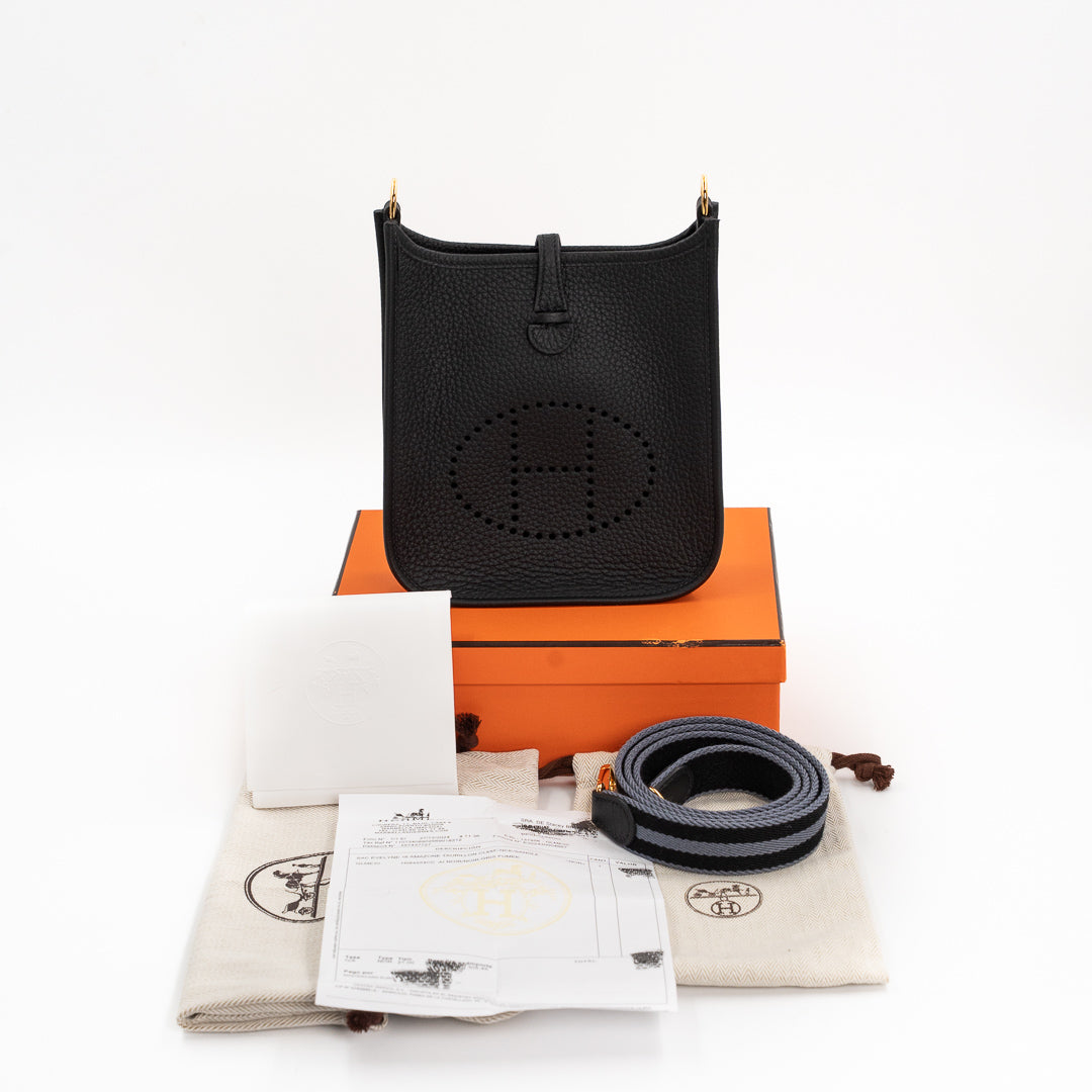 Hermès Evelyne 16 Amazone Taurillon Clemence Leather Bag in Noir with Noir/Gris Fumée Amazone Strap and Gold Hardware