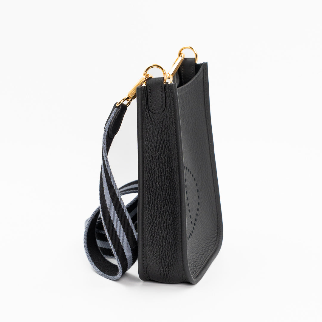 Hermès Evelyne 16 Amazone Taurillon Clemence Leather Bag in Noir with Noir/Gris Fumée Amazone Strap and Gold Hardware