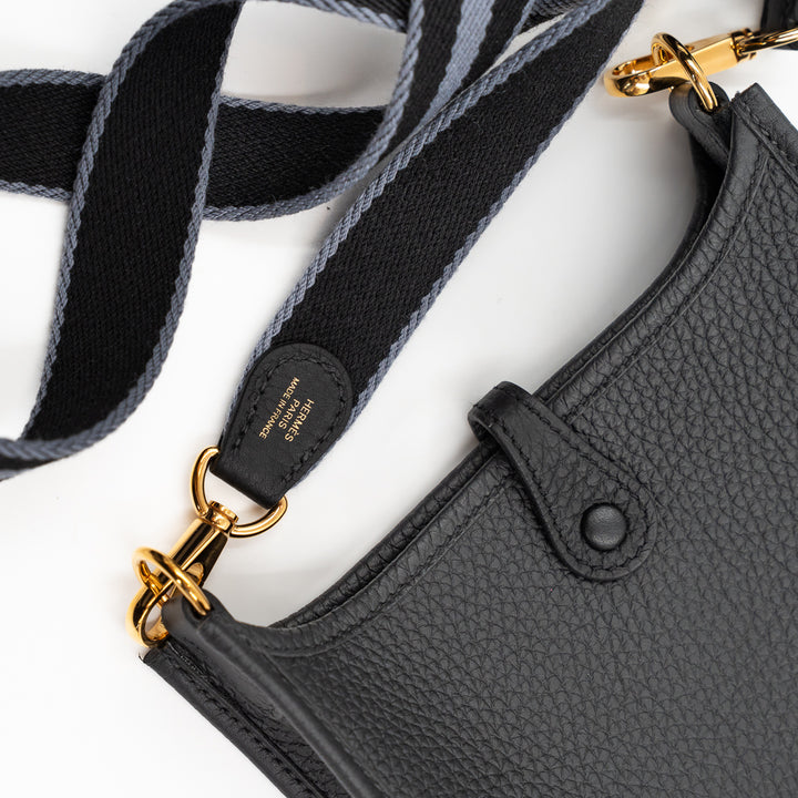 Hermès Evelyne 16 Amazone Taurillon Clemence Leather Bag in Noir with Noir/Gris Fumée Amazone Strap and Gold Hardware
