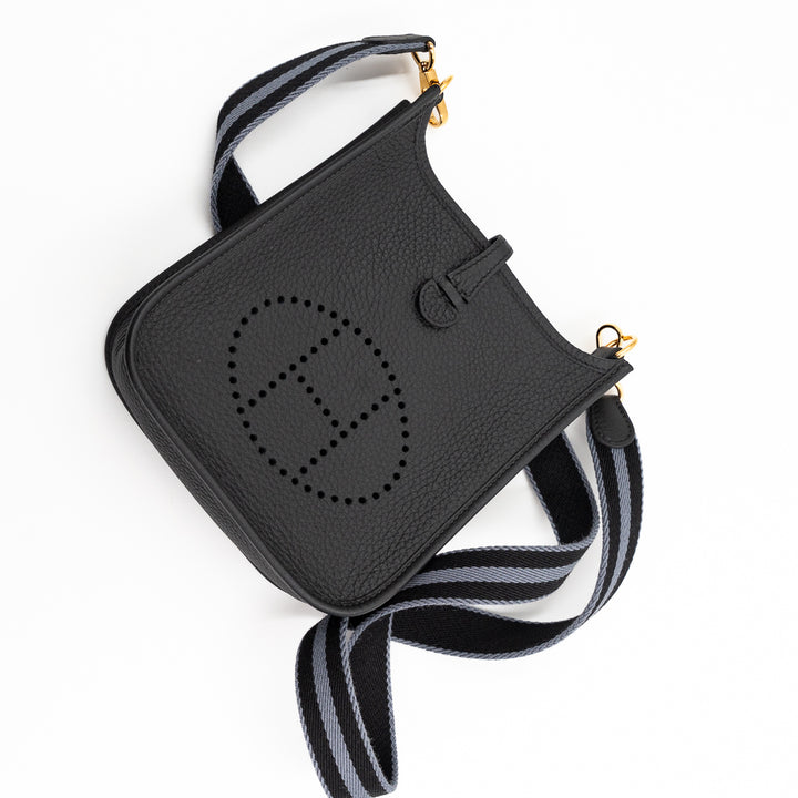 Hermès Evelyne 16 Amazone Taurillon Clemence Leather Bag in Noir with Noir/Gris Fumée Amazone Strap and Gold Hardware