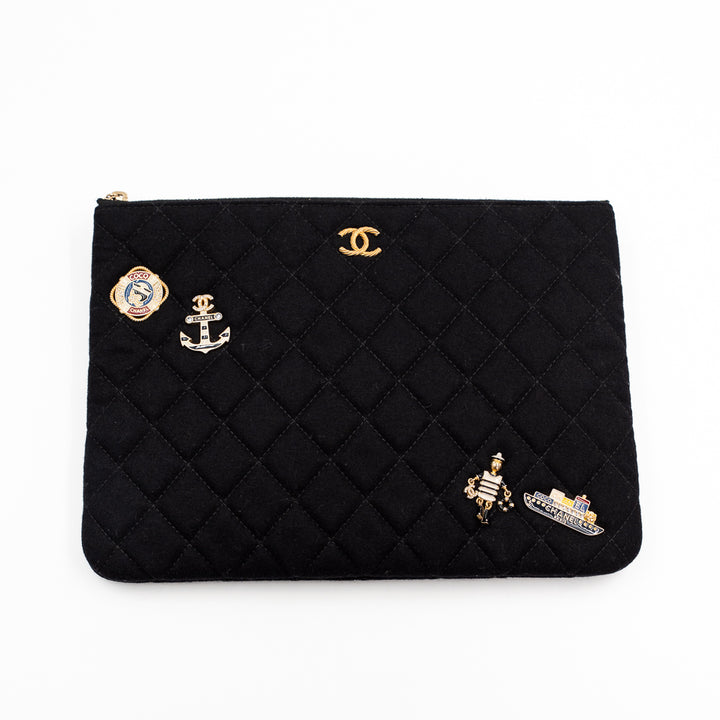 Chanel Vintage Black Quilted Wool O Case Clutch with Coco Sailor Charms & Gold Hardware
