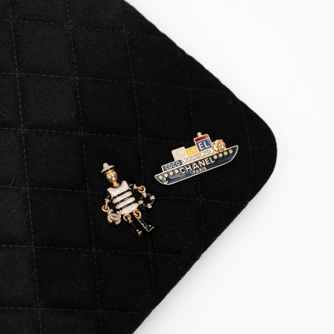 Chanel Vintage Black Quilted Wool O Case Clutch with Coco Sailor Charms & Gold Hardware