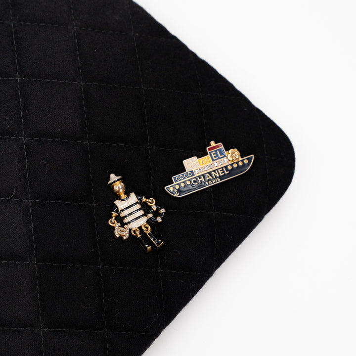 Chanel Vintage Black Quilted Wool O Case Clutch with Coco Sailor Charms & Gold Hardware