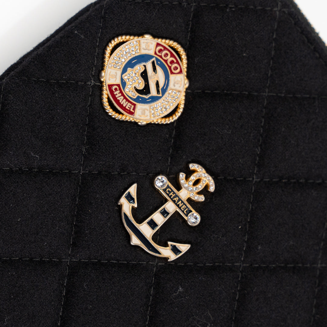 Chanel Vintage Black Quilted Wool O Case Clutch with Coco Sailor Charms & Gold Hardware