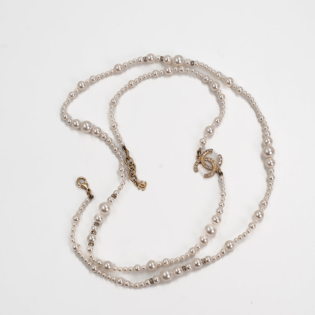 Chanel A19V Pearl CC Long Necklace in Gold Tone Metal & White Faux Pearls